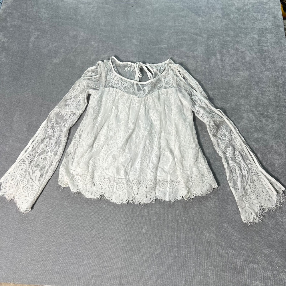 Abercrombie & Fitch White Floral Lace Bell‎ Sleeve Babydoll Blouse XS 1Y1944